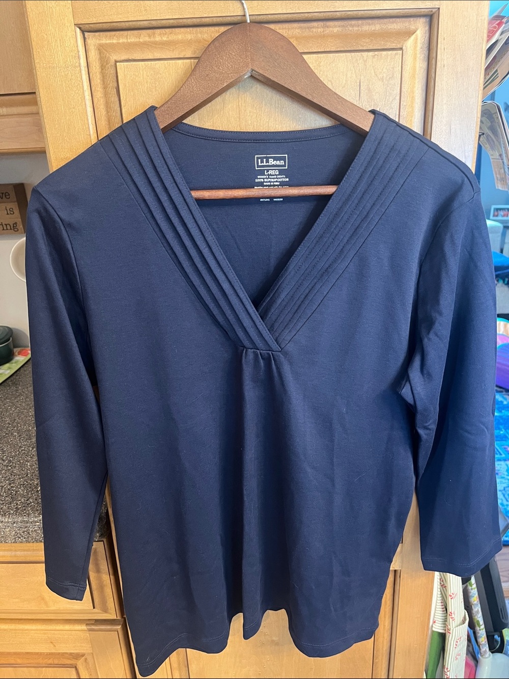 L.L. Bean Navy V-Neck Pleated Long Sleeve Top 100% Supima Cotton